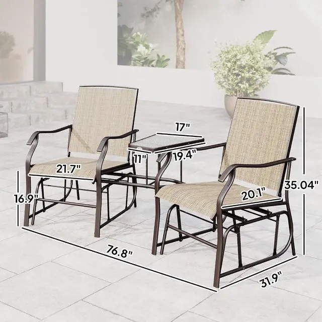 Alt view image 3 of 7 - Outdoor Glider Chair with Table 2-Seat Patio Loveseat Light Brown | Rocking Chair Swing Love Seat, Breathable Sling, Backyard Garden Porch