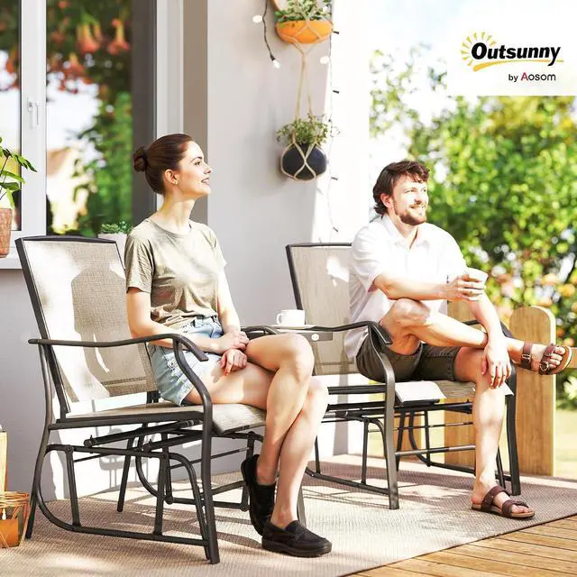 Alt view image 2 of 7 - Outdoor Glider Chair with Table 2-Seat Patio Loveseat Light Brown | Rocking Chair Swing Love Seat, Breathable Sling, Backyard Garden Porch
