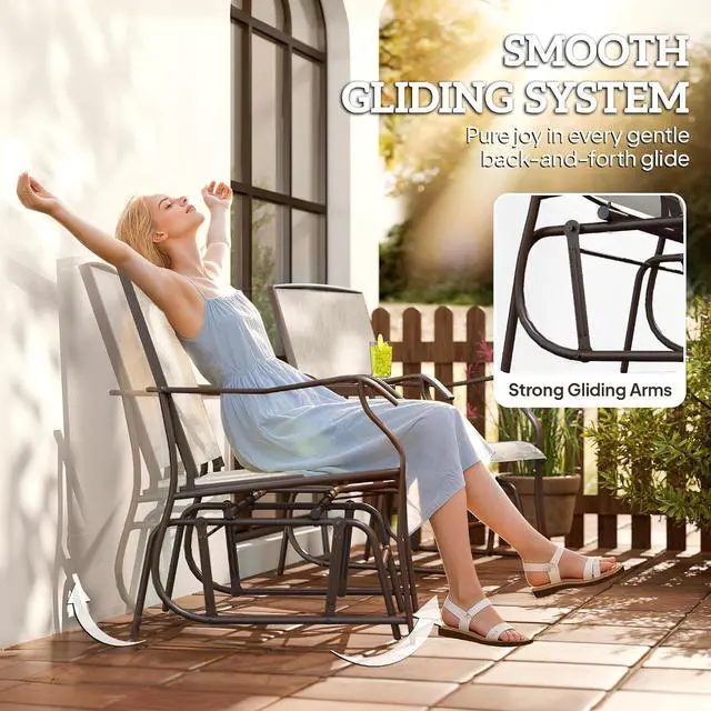 Alt view image 4 of 7 - Outdoor Glider Chair with Table 2-Seat Patio Loveseat Light Brown | Rocking Chair Swing Love Seat, Breathable Sling, Backyard Garden Porch