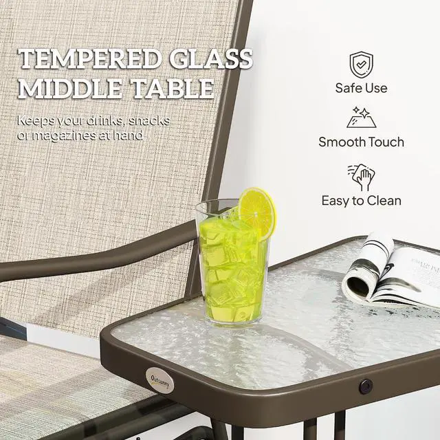 Alt view image 6 of 7 - Outdoor Glider Chair with Table 2-Seat Patio Loveseat Light Brown | Rocking Chair Swing Love Seat, Breathable Sling, Backyard Garden Porch