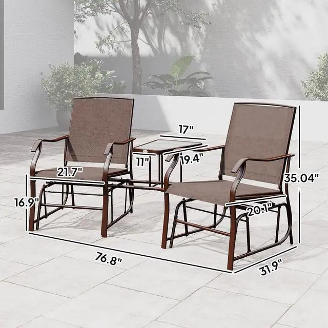 Alt view image 3 of 7 - Outdoor Glider Chair with Table 2-Seat Patio Loveseat Coffee Brown | Rocking Chair Swing Love Seat, Breathable Sling, Backyard Garden Porch