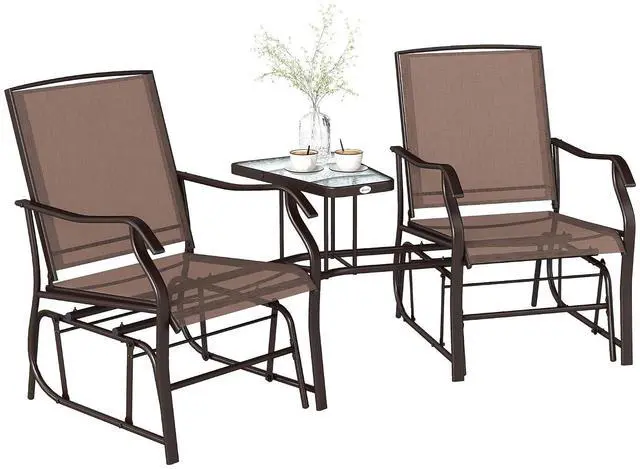 Main image of Outdoor Glider Chair with Table 2-Seat Patio Loveseat Coffee Brown | Rocking Chair Swing Love Seat, Breathable Sling, Backyard Garden Porch