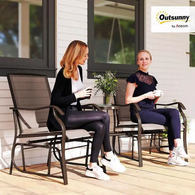 Alt view image 2 of 7 - Outdoor Glider Chair with Table 2-Seat Patio Loveseat Coffee Brown | Rocking Chair Swing Love Seat, Breathable Sling, Backyard Garden Porch
