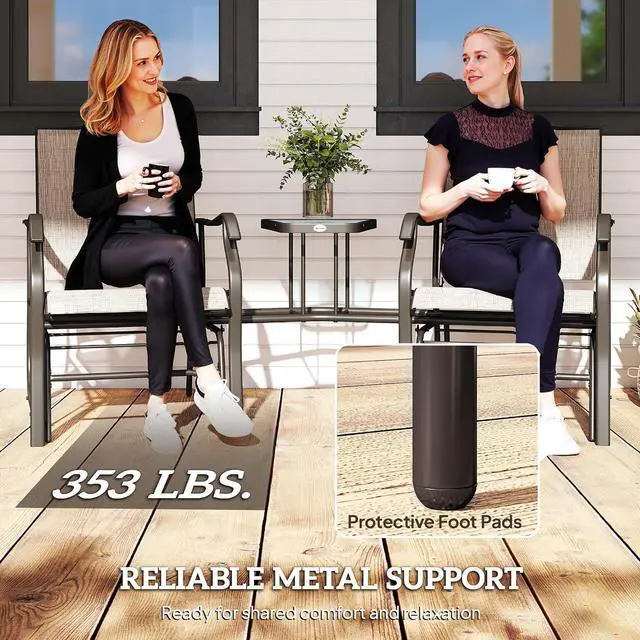Alt view image 7 of 7 - Outdoor Glider Chair with Table 2-Seat Patio Loveseat Light Brown | Rocking Chair Swing Love Seat, Breathable Sling, Backyard Garden Porch