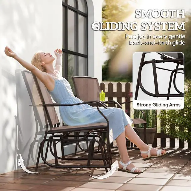 Alt view image 4 of 7 - Outdoor Glider Chair with Table 2-Seat Patio Loveseat Coffee Brown | Rocking Chair Swing Love Seat, Breathable Sling, Backyard Garden Porch