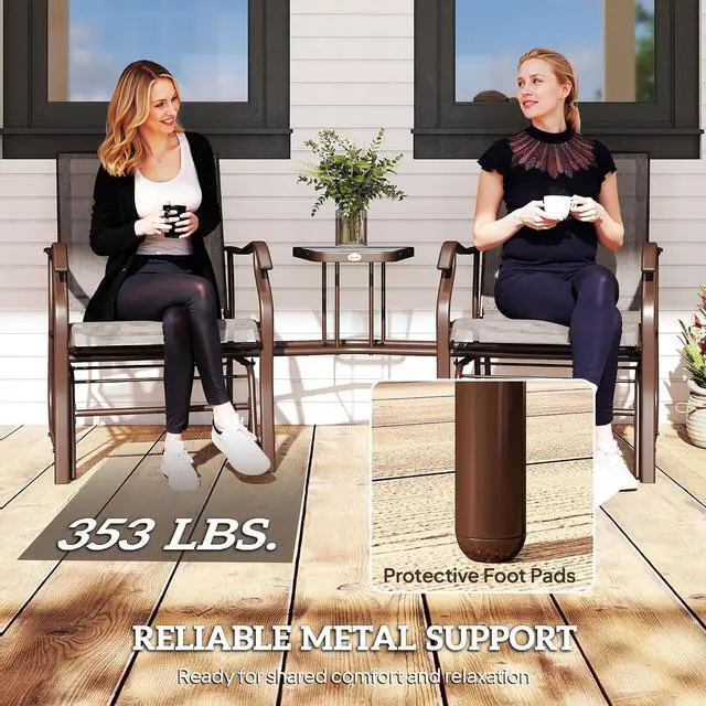 Alt view image 7 of 7 - Outdoor Glider Chair with Table 2-Seat Patio Loveseat Coffee Brown | Rocking Chair Swing Love Seat, Breathable Sling, Backyard Garden Porch