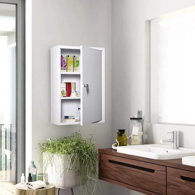 Alt view image 2 of 7 - kleankin Steel Wall Mount Medicine Cabinet 3 Tier Bathroom Lockable White | Emergency Box, for Kitchen, with 2 Keys
