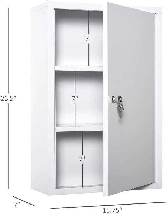 Alt view image 3 of 7 - kleankin Steel Wall Mount Medicine Cabinet 3 Tier Bathroom Lockable White | Emergency Box, for Kitchen, with 2 Keys