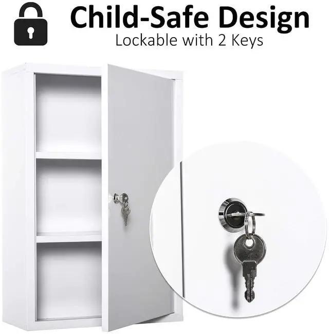 Alt view image 4 of 7 - kleankin Steel Wall Mount Medicine Cabinet 3 Tier Bathroom Lockable White | Emergency Box, for Kitchen, with 2 Keys