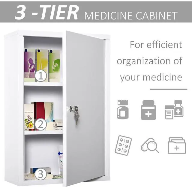 Alt view image 5 of 7 - kleankin Steel Wall Mount Medicine Cabinet 3 Tier Bathroom Lockable White | Emergency Box, for Kitchen, with 2 Keys