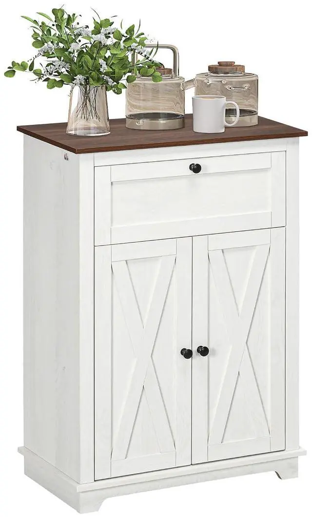 Main image of Farmhouse Barn Door Accent Cabinet with Double Doors White | Kitchen Sideboard Storage Cabinet, Drawer, Adjustable Shelf, for Living Room