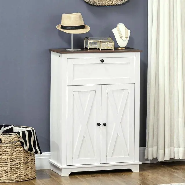 Alt view image 2 of 7 - Farmhouse Barn Door Accent Cabinet with Double Doors White | Kitchen Sideboard Storage Cabinet, Drawer, Adjustable Shelf, for Living Room