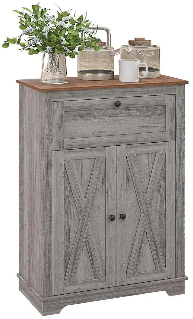 Main image of Farmhouse Barn Door Accent Cabinet with Double Doors Gray | Kitchen Sideboard Storage Cabinet, Drawer, Adjustable Shelf, for Living Room