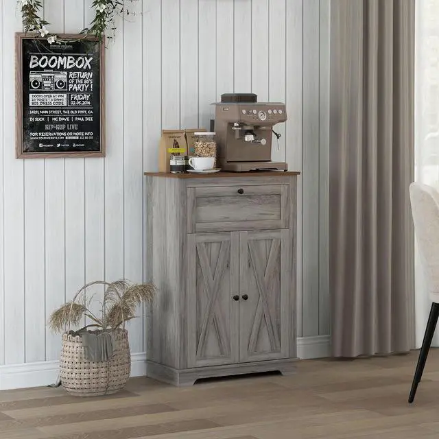 Alt view image 2 of 7 - Farmhouse Barn Door Accent Cabinet with Double Doors Gray | Kitchen Sideboard Storage Cabinet, Drawer, Adjustable Shelf, for Living Room