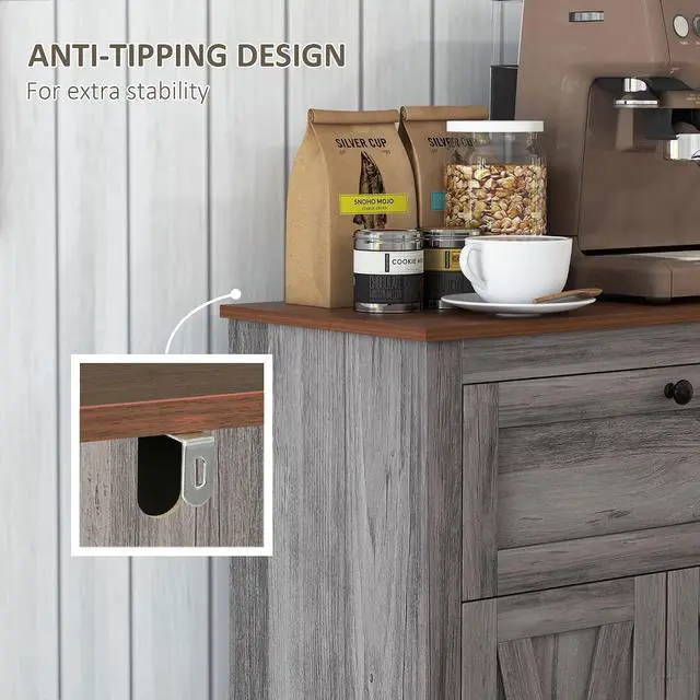 Alt view image 6 of 7 - Farmhouse Barn Door Accent Cabinet with Double Doors Gray | Kitchen Sideboard Storage Cabinet, Drawer, Adjustable Shelf, for Living Room