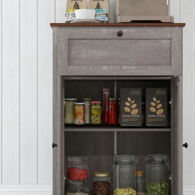 Alt view image 7 of 7 - Farmhouse Barn Door Accent Cabinet with Double Doors Gray | Kitchen Sideboard Storage Cabinet, Drawer, Adjustable Shelf, for Living Room
