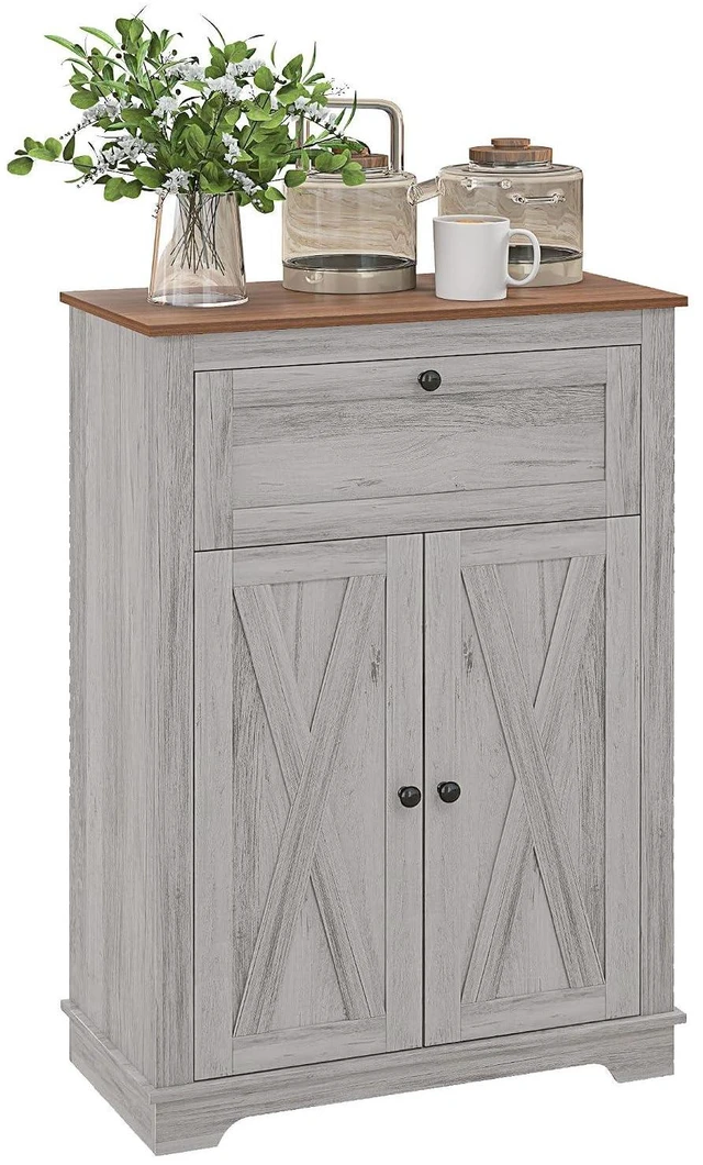 Main image of Farmhouse Barn Door Accent Cabinet with Double Doors Light Gray | Kitchen Sideboard Storage Cabinet, Drawer, Adjustable Shelf, for Living Room