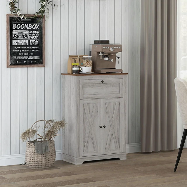 Alt view image 2 of 7 - Farmhouse Barn Door Accent Cabinet with Double Doors Light Gray | Kitchen Sideboard Storage Cabinet, Drawer, Adjustable Shelf, for Living Room