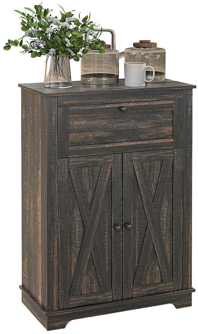 Main image of Farmhouse Barn Door Accent Cabinet with Double Doors Dark Brown | Kitchen Sideboard Storage Cabinet, Drawer, Adjustable Shelf, for Living Room