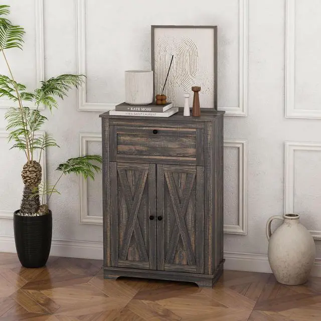Alt view image 2 of 7 - Farmhouse Barn Door Accent Cabinet with Double Doors Dark Brown | Kitchen Sideboard Storage Cabinet, Drawer, Adjustable Shelf, for Living Room