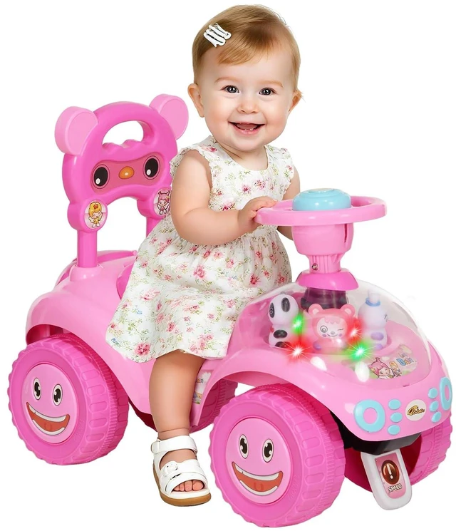 Main image of Qaba Toddler Push Car Foot to Floor Ride on Toy Horn 18-36 Months Pink | Light, Music, Steering Wheel, Anti-Over-Backwards Device, Under Seat Storage, Baby Sliding Car for Boys Girls