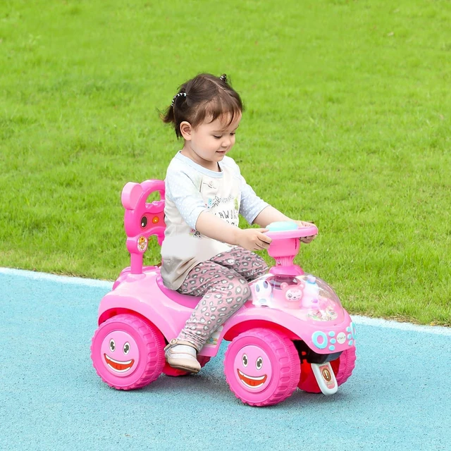 Alt view image 2 of 7 - Qaba Toddler Push Car Foot to Floor Ride on Toy Horn 18-36 Months Pink | Light, Music, Steering Wheel, Anti-Over-Backwards Device, Under Seat Storage, Baby Sliding Car for Boys Girls