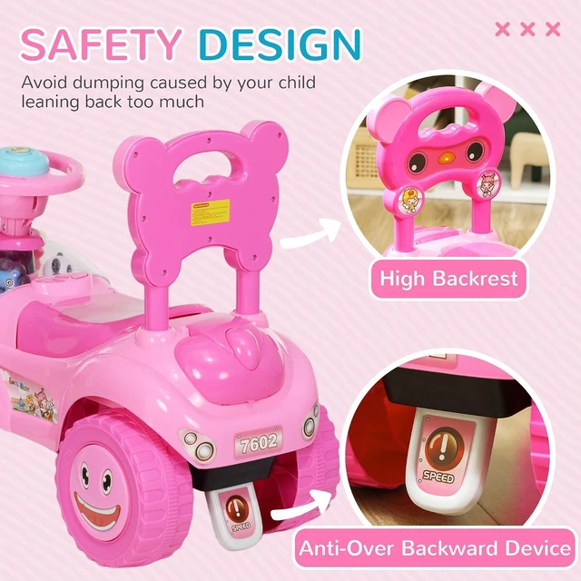 Alt view image 3 of 7 - Qaba Toddler Push Car Foot to Floor Ride on Toy Horn 18-36 Months Pink | Light, Music, Steering Wheel, Anti-Over-Backwards Device, Under Seat Storage, Baby Sliding Car for Boys Girls