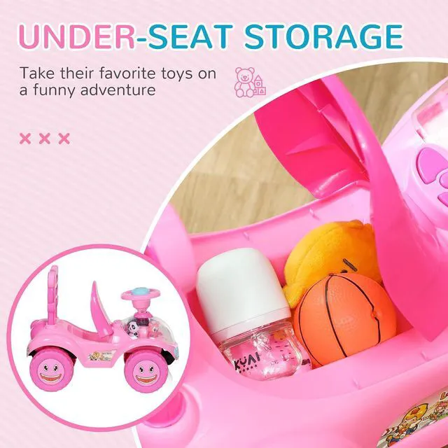 Alt view image 5 of 7 - Qaba Toddler Push Car Foot to Floor Ride on Toy Horn 18-36 Months Pink | Light, Music, Steering Wheel, Anti-Over-Backwards Device, Under Seat Storage, Baby Sliding Car for Boys Girls