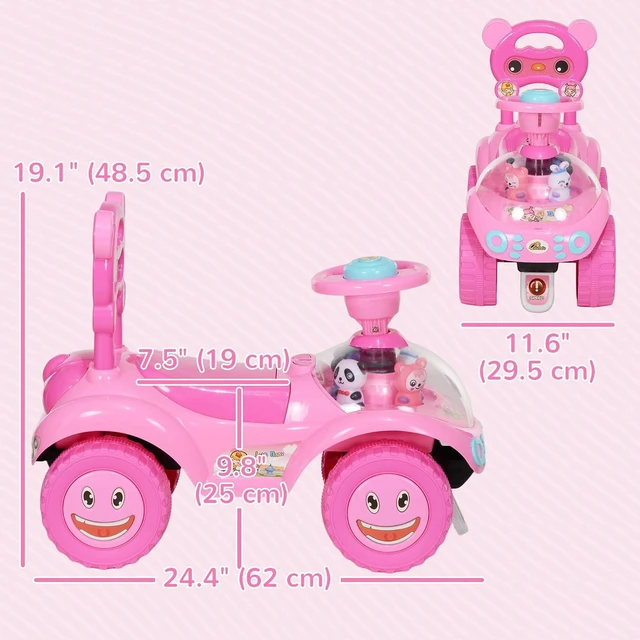 Alt view image 7 of 7 - Qaba Toddler Push Car Foot to Floor Ride on Toy Horn 18-36 Months Pink | Light, Music, Steering Wheel, Anti-Over-Backwards Device, Under Seat Storage, Baby Sliding Car for Boys Girls