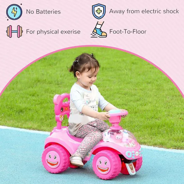 Alt view image 6 of 7 - Qaba Toddler Push Car Foot to Floor Ride on Toy Horn 18-36 Months Pink | Light, Music, Steering Wheel, Anti-Over-Backwards Device, Under Seat Storage, Baby Sliding Car for Boys Girls