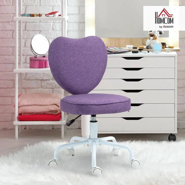 Alt view image 2 of 7 - Armless Home Office Desk Chair Modern Fabric Heart Shape Purple | Makeup Vanity Chair, Swivel Wheels, Height Adjustable