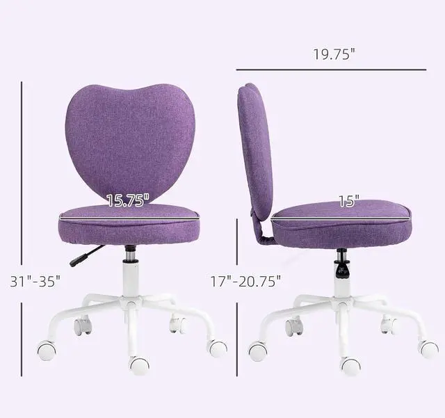 Alt view image 3 of 7 - Armless Home Office Desk Chair Modern Fabric Heart Shape Purple | Makeup Vanity Chair, Swivel Wheels, Height Adjustable