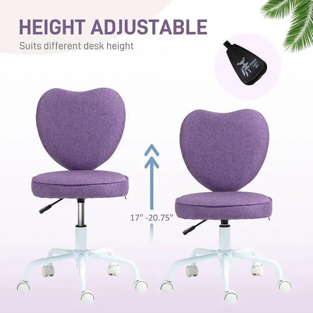 Alt view image 4 of 7 - Armless Home Office Desk Chair Modern Fabric Heart Shape Purple | Makeup Vanity Chair, Swivel Wheels, Height Adjustable