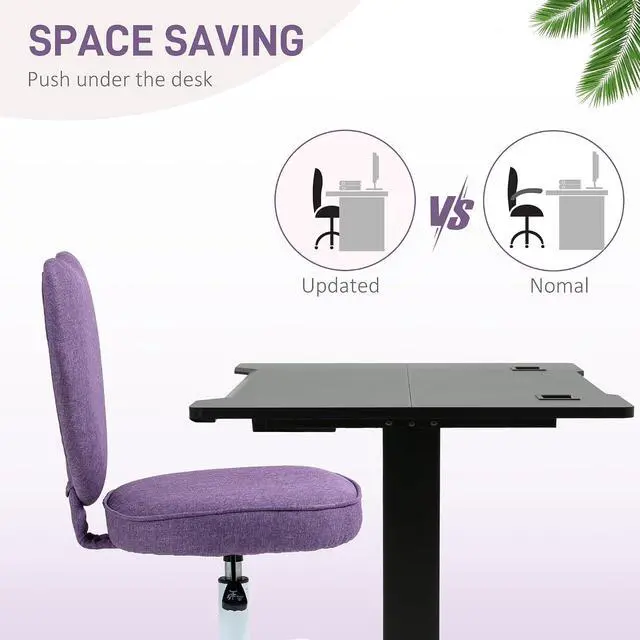 Alt view image 7 of 7 - Armless Home Office Desk Chair Modern Fabric Heart Shape Purple | Makeup Vanity Chair, Swivel Wheels, Height Adjustable