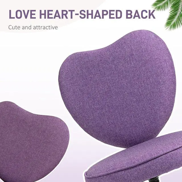 Alt view image 5 of 7 - Armless Home Office Desk Chair Modern Fabric Heart Shape Purple | Makeup Vanity Chair, Swivel Wheels, Height Adjustable