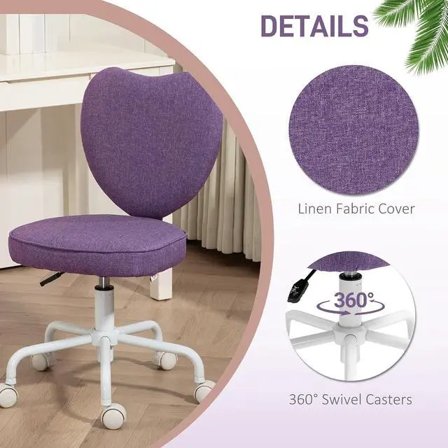 Alt view image 6 of 7 - Armless Home Office Desk Chair Modern Fabric Heart Shape Purple | Makeup Vanity Chair, Swivel Wheels, Height Adjustable