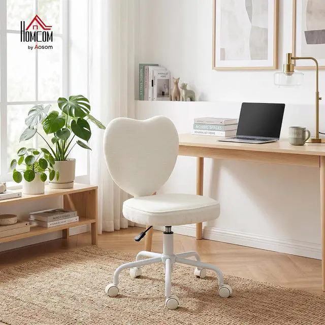 Alt view image 2 of 7 - Armless Home Office Desk Chair, Vanity Chair with Heart Shape, White | Modern Fabric Makeup Vanity Chair, Height Adjustable
