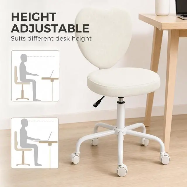 Alt view image 5 of 7 - Armless Home Office Desk Chair, Vanity Chair with Heart Shape, White | Modern Fabric Makeup Vanity Chair, Height Adjustable