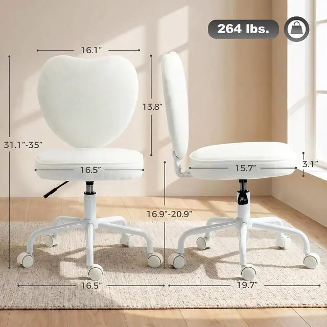 Alt view image 3 of 7 - Armless Home Office Desk Chair, Vanity Chair with Heart Shape, White | Modern Fabric Makeup Vanity Chair, Height Adjustable