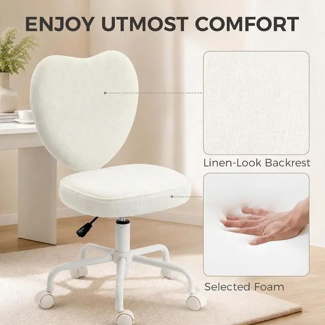 Alt view image 4 of 7 - Armless Home Office Desk Chair, Vanity Chair with Heart Shape, White | Modern Fabric Makeup Vanity Chair, Height Adjustable