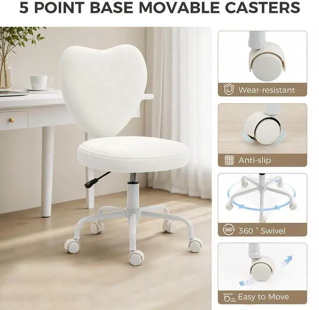 Alt view image 6 of 7 - Armless Home Office Desk Chair, Vanity Chair with Heart Shape, White | Modern Fabric Makeup Vanity Chair, Height Adjustable