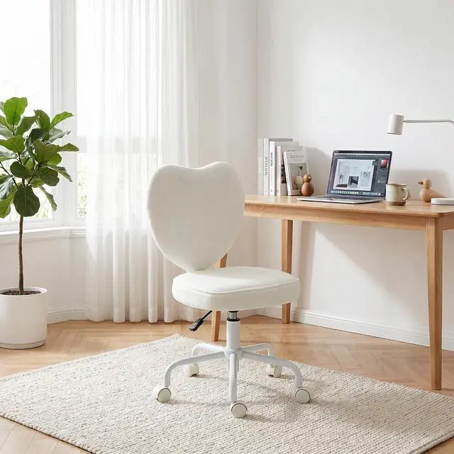 Alt view image 7 of 7 - Armless Home Office Desk Chair, Vanity Chair with Heart Shape, White | Modern Fabric Makeup Vanity Chair, Height Adjustable