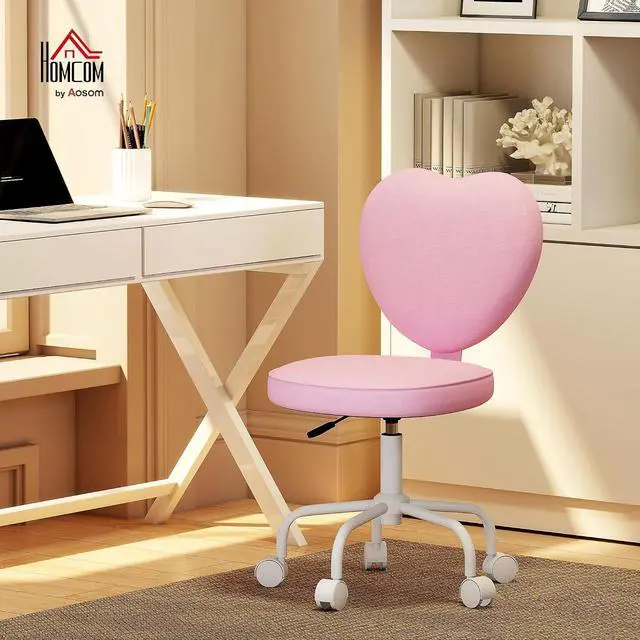 Alt view image 2 of 7 - Armless Home Office Desk Chair, Heart Shape, Swivel Wheels, Pink | Modern Fabric Makeup Vanity Chair, Height Adjustable