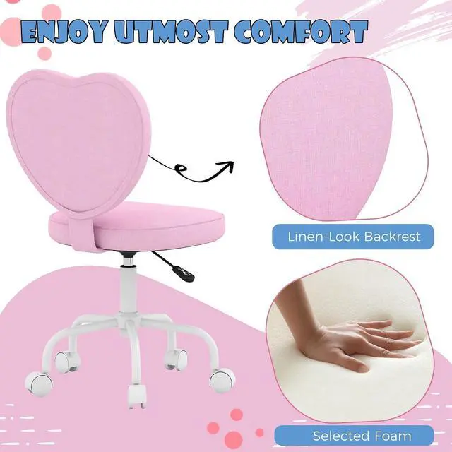 Alt view image 4 of 7 - Armless Home Office Desk Chair, Heart Shape, Swivel Wheels, Pink | Modern Fabric Makeup Vanity Chair, Height Adjustable