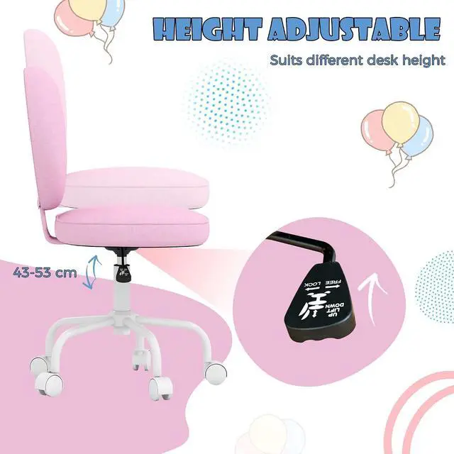 Alt view image 5 of 7 - Armless Home Office Desk Chair, Heart Shape, Swivel Wheels, Pink | Modern Fabric Makeup Vanity Chair, Height Adjustable