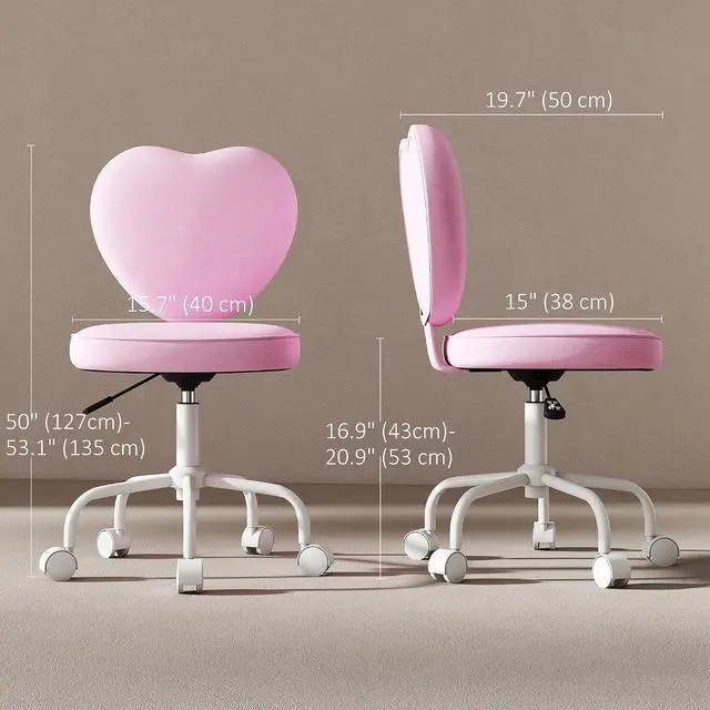 Alt view image 3 of 7 - Armless Home Office Desk Chair, Heart Shape, Swivel Wheels, Pink | Modern Fabric Makeup Vanity Chair, Height Adjustable