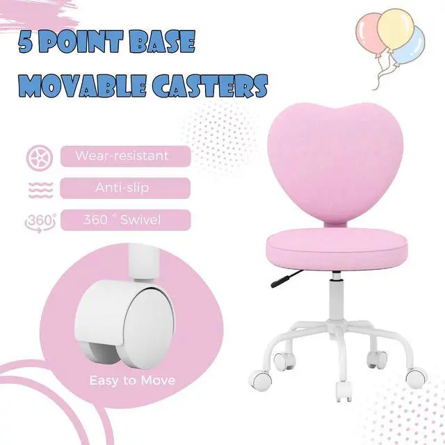 Alt view image 6 of 7 - Armless Home Office Desk Chair, Heart Shape, Swivel Wheels, Pink | Modern Fabric Makeup Vanity Chair, Height Adjustable