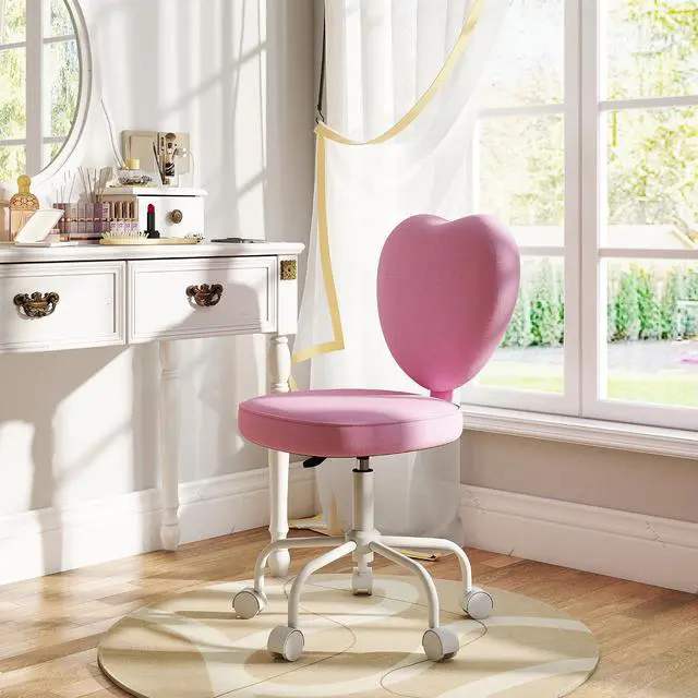 Alt view image 7 of 7 - Armless Home Office Desk Chair, Heart Shape, Swivel Wheels, Pink | Modern Fabric Makeup Vanity Chair, Height Adjustable