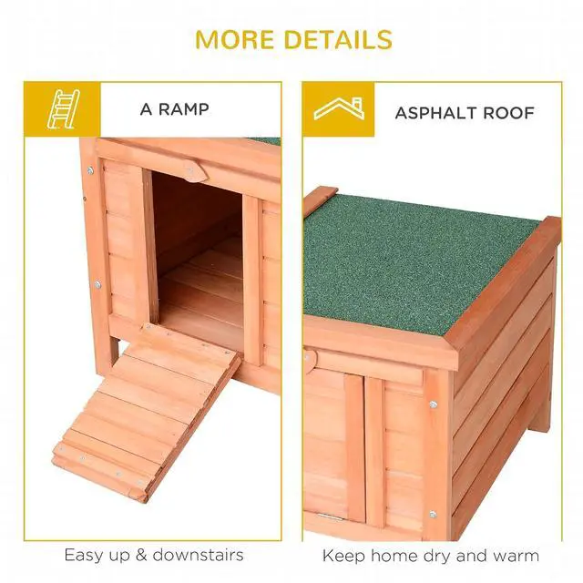 Alt view image 5 of 7 - PawHut Small Wooden Rabbit Hutch Bunny Cage Guinea Pig Cage Duck House Dog House with Openable & Waterproof Roof, Natural