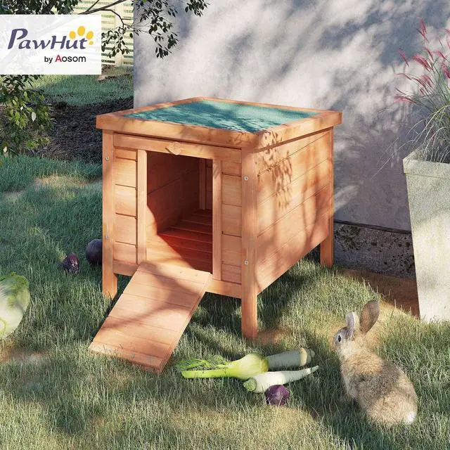 Alt view image 2 of 7 - PawHut Small Wooden Rabbit Hutch Bunny Cage Guinea Pig Cage Duck House Dog House with Openable & Waterproof Roof, Natural
